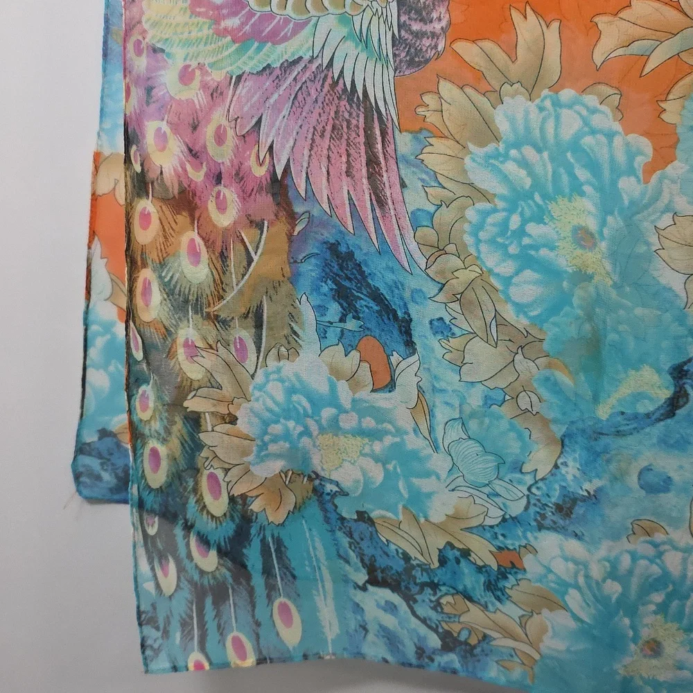 Orange and Blue Floral Scarf, Vibrant, Sheer, 20